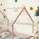 Full Size House Floor Wooden Bed with Roof Frame, Safety Guardrails,Pink