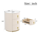 Upholstered Nightstand with 3 Drawers, Round Bedside Table with Metal Handles,Marbling Stickers Top Night Table for Bedroom, Fully Assembled Except Handles, Beige