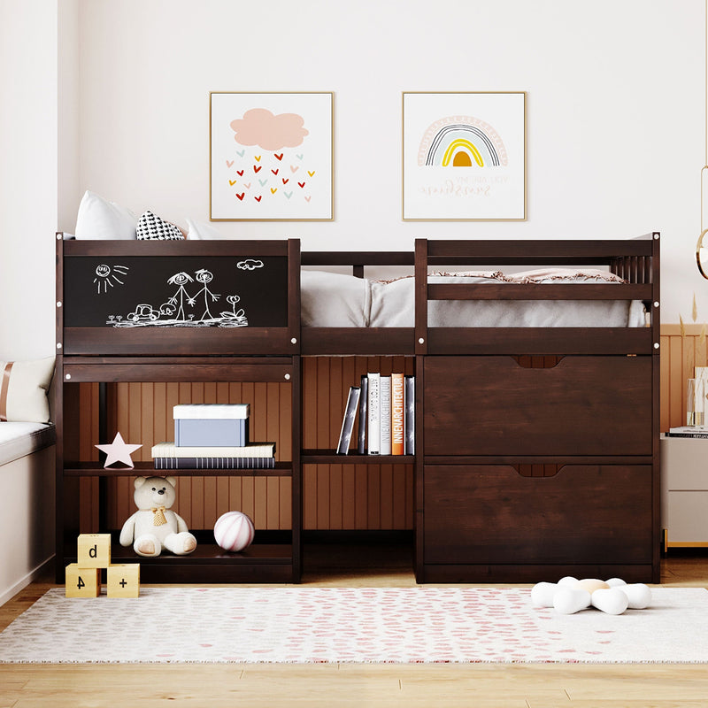 Twin Size Low Loft Bed with Rolling Desk, Shelf and Drawers - Espresso