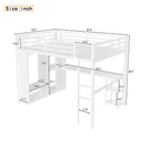 Queen Size Loft Bed Frame with Built-in Wardrobe, Metal Loft Bed with Desk and Storage Shelves, White