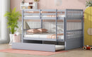 Full Over Full Rubber Wood Bunk Bed with Trundle, Ladder and Guardrails, Convertible to 2 Full Size Beds, with Twin Size Trundle,Light Grey