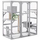 Outdoor Cat House, DIY Cat Enclosure Catio with Double Enter Doors, Light Grey Pine Wood, 62.8'L x 32.2'W x 68.5'H