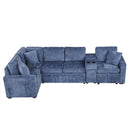 L-shaped Convertible Sofa Bed with Pull-Out Bed, Cup Holders, and Storage Space, Blue Chenille, 120.5'