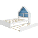 Full Size House-Shaped Bed with Bookcase Headboard and Led Light and Twin Size Trundle for Kids Boys Girls, Blue+ White