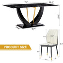 Black Marble Pattern Tempered Glass Dining Set - 71'x35.4' with 8 White and dark gray spliced PU Chairs With a Widened Backrest Design.