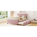 Full Size Velvet Upholstered Platform Bed with Twin Size Trundle, Pink