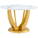 Table and chair set.Luxurious Snow Mountain White Slab Round Dining Table Set - 47'x47' with 4 Black PU Chairs with Simple Line Designs On The Backrest .Golden Metal Legs.