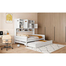 Full Size Wooden Daybed With Twin Size Trundle, and All-in-One Cabinet and Shelf, White