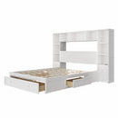 Queen Size Pine Wood Platform Bed with All-In-One 2 Nightstand, Storage Shelf and Cabinet Bookcase with 2 Charging Stations, Multi-Functional Captain Bed Frame with 3 Drawers, No Box Spring Needed