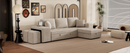 Modern L-Shape 3 Seat Reversible Sectional Couch with Pull Out Sleeper, Storage Chaise & 2 Stools, Cream, Linen Chenille
