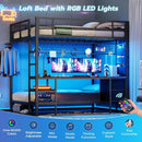 Black Full Over Twin Metal Bunk Bed With Desk LED Lights