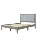 Mid-Century Modern Solid Wood Platform Bed with Upholstered Headboard in Grey, Rubber Wood, Queen Size