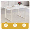 Table and chair set.55'x31.4' Cream-Style White MDF Dining Table Set with 6 Dark Gray Chairs With Silver Metal Legs.MDF Tabletop and metal frame legs.Adding a warm atmosphere to your family.