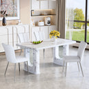 Table and chair set.64.5x35.4 Inch Stylish White Marble Textured Dining Table.Paried With 4 White PU Chairs with a vertical stripe design on the backrest.Create Your Exclusive Low-Key Luxury Space.