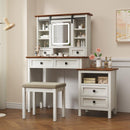 46.5" Farmhouse Makeup Vanity Desk with Adjustible LED Lighted Mirror and Charging Station for Bedroom, Rustic Dressing Vanity Table with Side Cabinet and Cushioned Stool for Women
