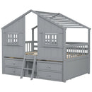 Full Size House Loft Bed with Roof, Windows,4 Storage Drawers,Pine Wooden Bed with Safety Guardrails,Ladder,Grey