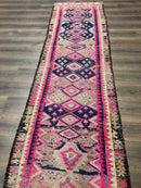 Turkish Runner Rug 3x10, Pink and Navy Blue, Bohemian Runner for Hallway or Kitchen, Vintage, Geometric, Tribal