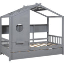 Wooden Twin Size House Bed With Trundle, Modern Design for Kids with Storage Shlef, Gray