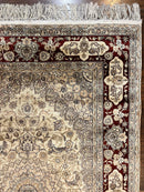 Silk Indian Kashmiri Rug 4x6 ft, Floral Medallion Hand Knotted Handmade Oriental Carpet, Vintage, Cream Burgundy, Very Fine Silk Rug 4 x 6