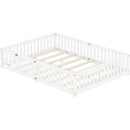 Queen Size Bed Floor Bed with Safety Guardrails and Door for Kids, White