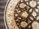 Round Pakistani Rug 6x6, Brown and Beige, Floral, Peshawar Rug, Traditional