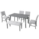 6PCs Dining Room Table Set, Rustic Farmhouse Dining Room Rectangular Table with 4 Upholstered Chairs and Bench, Solid Wood Kitchen Dining Table Set for 6 Persons