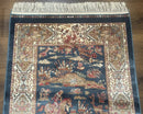 Turkish Silk Hunting Scene Rug 2.6 x 5, Dark Steel Blue & Ivory, Bamboo Silk, New