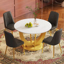 Table and chair set.Luxurious Snow Mountain White Slab Round Dining Table Set - 47'x47' with 4 Black PU Chairs with Simple Line Designs On The Backrest .Golden Metal Legs.
