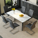 Table and chair set.63*31.4 Inch Luxurious Cold Jade Sintered Stone Dining Table Set- 6 Dark Gray High-quality PU Chairs With Arched Silver Metal Legs.Perfect For Dinner Room,Meeting Room,Kitchen,etc.