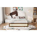Full Size Upholstered Platform Bed with Bear Shaped Headboard, LED Light Strips, White + Brown
