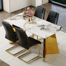 Table and chair set.63'x31.5x30' Luxurious Pandora patterned Sintered Stone Tabletop with Golden Stainless Steel Butterfly Legs.Paried With 4 Black High-quality PU Chairs With Arched Metal Legs.