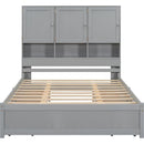 Queen Size Platform Bed with Storage Headboard and 4 Drawers, Gray