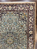 Silk Persian Qum Rug 4x5, Hand Knotted Vintage Carpet, Cream & Navy Blue, Silk Pile on Silk Foundation, Very Fine 360 KPSI