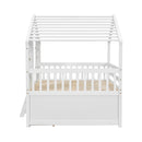 Full Size House Loft Bed with Roof, Windows,4 Storage Drawers,Pine Wooden Bed with Safety Guardrails,Ladder,White