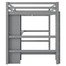 Full Size Loft Bed with Multifunction Shelves and Under-bed Desk, Gray