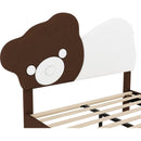 Full Size Upholstered Platform Bed with Bear Shaped Headboard, LED Light Strips, White + Brown