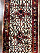 Indo Persian Bidjar Runner Rug 2.8 x 10, Vintage Rug for Hallway, 10ft Runner, Wool Handmade Ivory and Red, Medallions