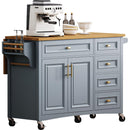 K&K 52'' Kitchen Island with Drop Leaf, Embossed Texture Kitchen Island on Wheels with Spice Rack, Towel Rack, 2 Doors and 5 Drawers, Kitchen Storage Cart with Adjustable Shelf for Kitchen, Blue Grey
