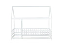 Twin Size House Floor Wooden Bed with Roof Frame,Safety Guardrails,White