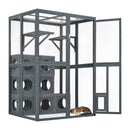 Grey Pine Wood Outdoor Cat House with Shelves and Weather Protection, Removable Wood Boxes