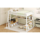 Full Size Metal Loft Bed with Desk, Storage Shelves and Charging Station, White