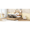 Full Size Upholstery Platform Bed Frame with Cute Bear Shaped Headboard and Two Storage Drawers,Brown
