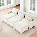Elegant Three-Seater Sofa with Movable Ottomans, Lumbar Pillow, Chenille Fabric, Wooden Base, Beige