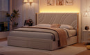 Modern Upholstered LED Bed Frame with Storage Drawers, Velvet Platform Bed, Wingback Headboard, RGB Light, Beige