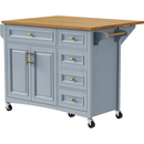 K&K 52'' Kitchen Island with Drop Leaf, Embossed Texture Kitchen Island on Wheels with Spice Rack, Towel Rack, 2 Doors and 5 Drawers, Kitchen Storage Cart with Adjustable Shelf for Kitchen, Blue Grey
