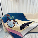 Abstract blue and beige geometric knitted tassels throw blanket bedroom