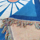 Abstract blue and beige geometric knitted tassels throw blanket bedroom
