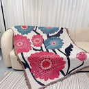 Abstract blue and beige geometric knitted tassels throw blanket bedroom