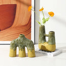 Abstract green & yellow kiln-changing glaze ceramic vase living room