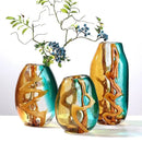 Abstract ripple amber & teal glass vase living room decor